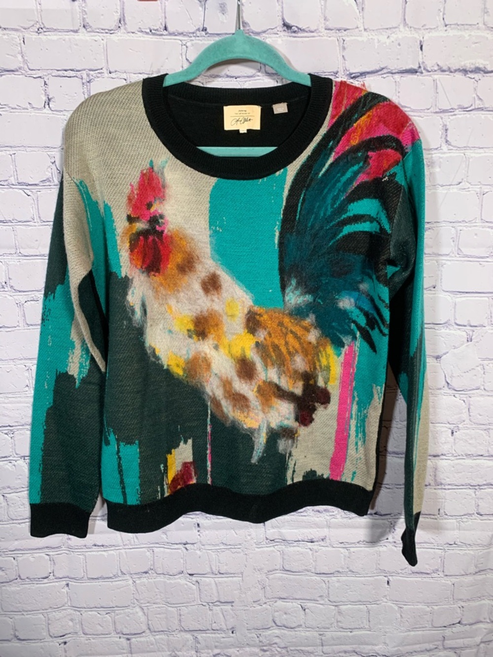Anthropologie Rooster Sweater Artwork Lauren Carlson Walcott Size S Artsy Casual